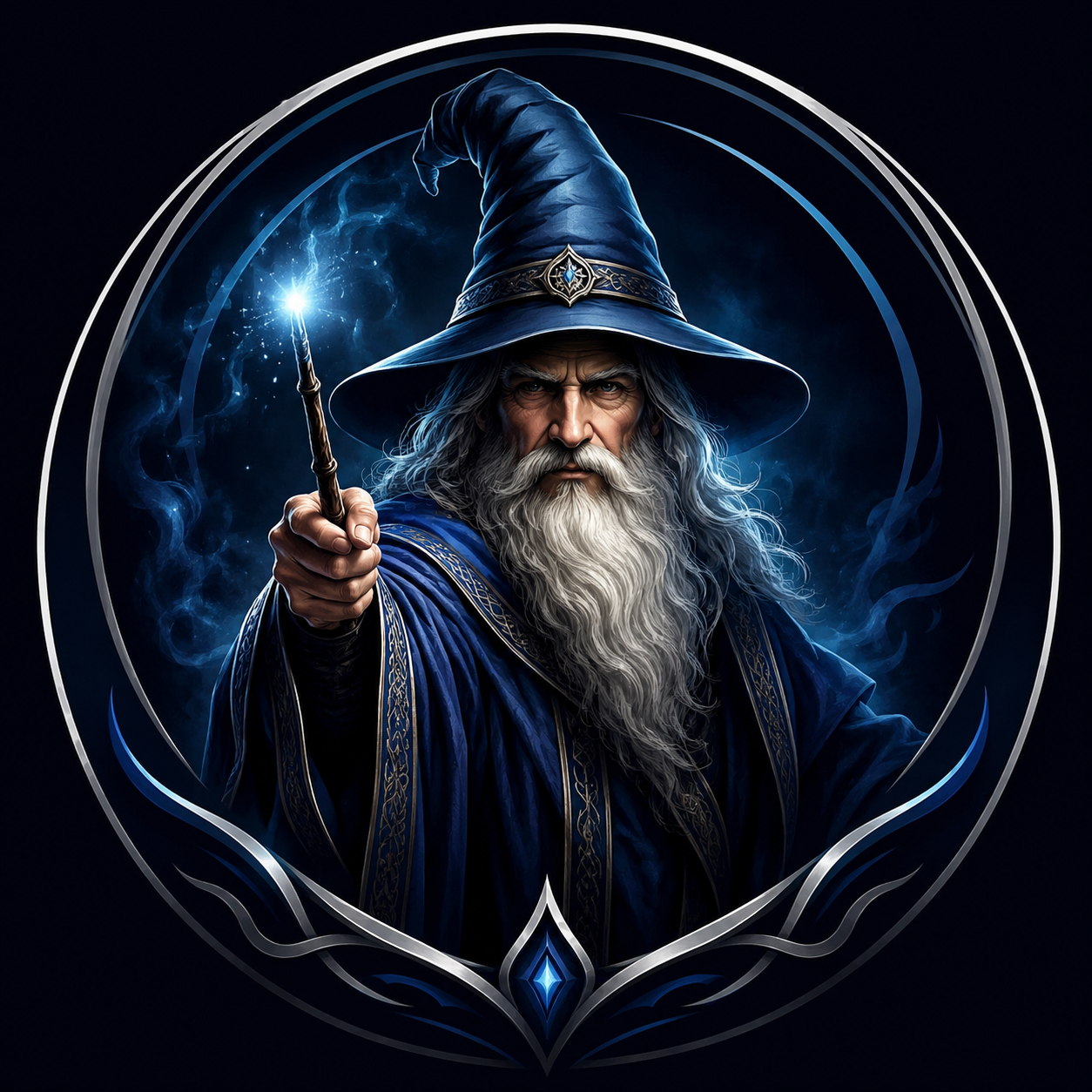 merlin.ai blue wizard mascot holding a glowing wand